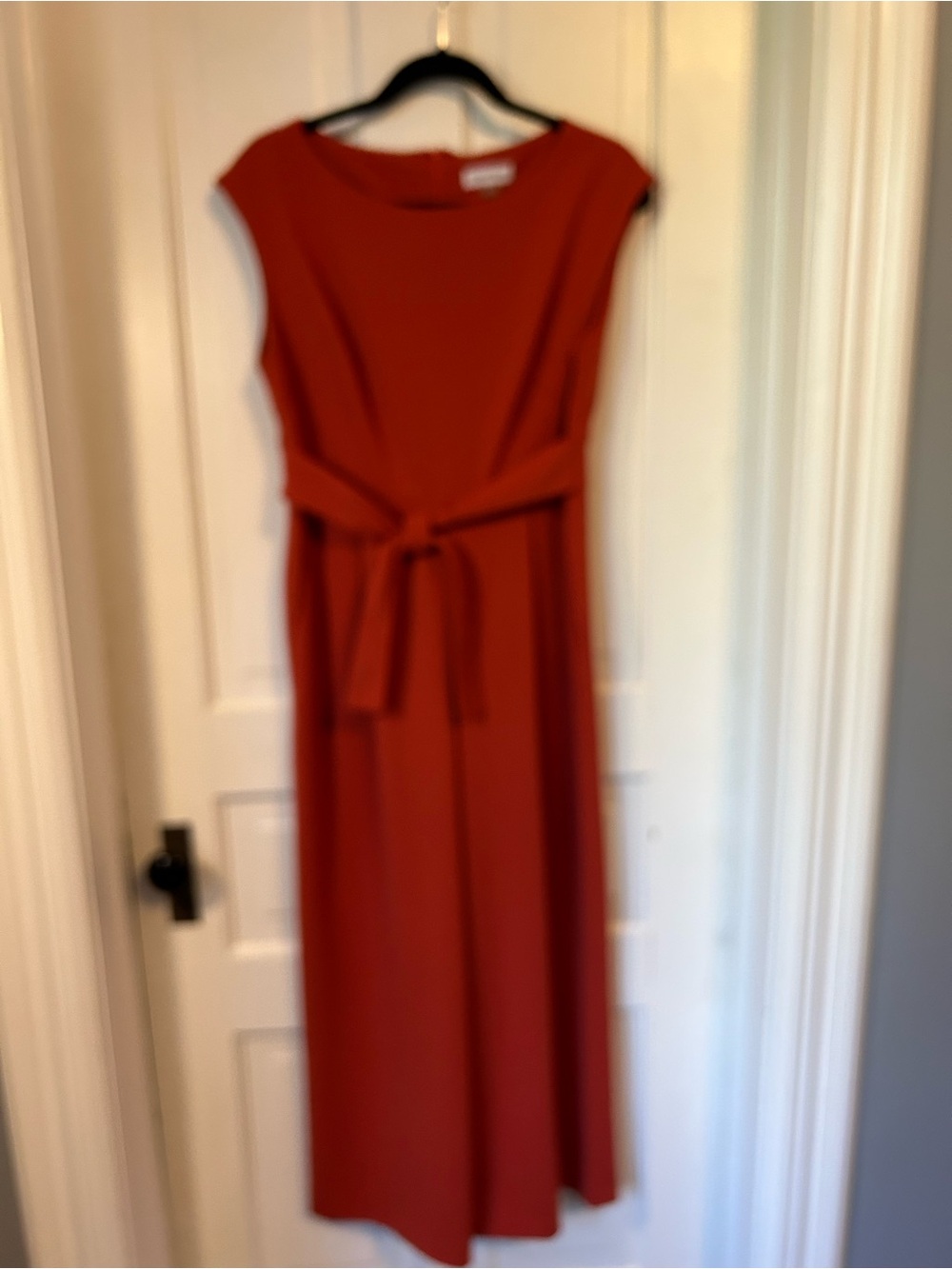 Calvin Klein Rust-Red Sleeveless Jumpsuit with Waist Tie